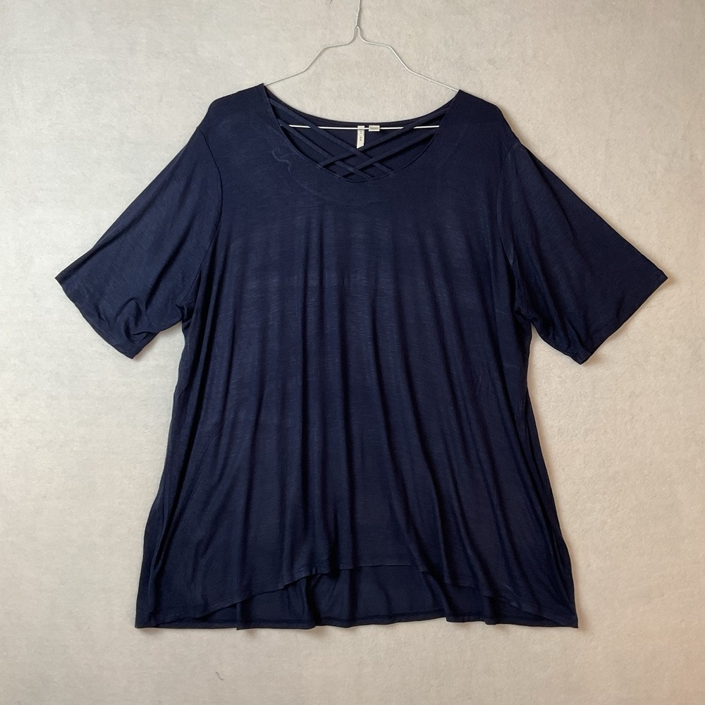 Cato Est 1946 Tunic Top Shirt Womens 22/24W Navy Blue Knit Short Sleeve Strappy